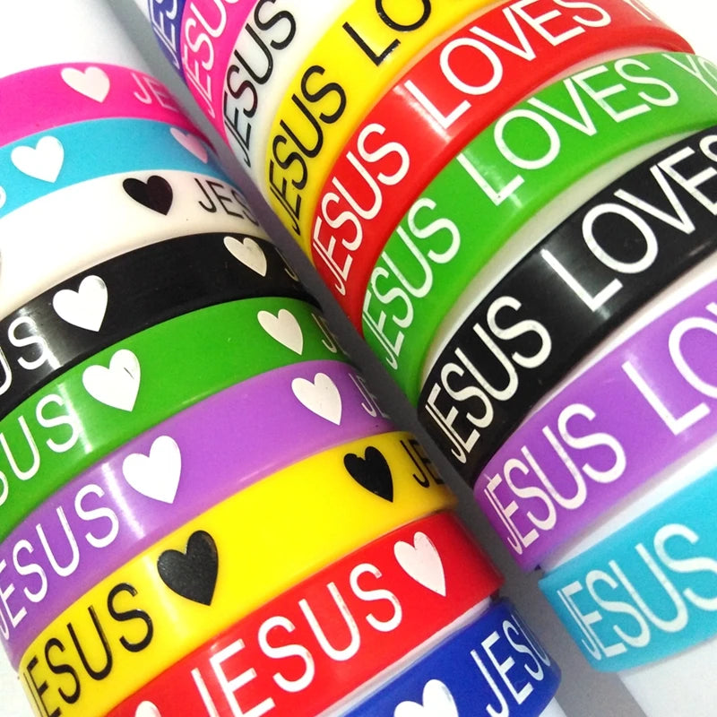 50pcs JESUS silicone Bracelets JESUS LOVES YOU rubber Wristbands Men Women Religious Cuff Jesus Jewelry Wholesale