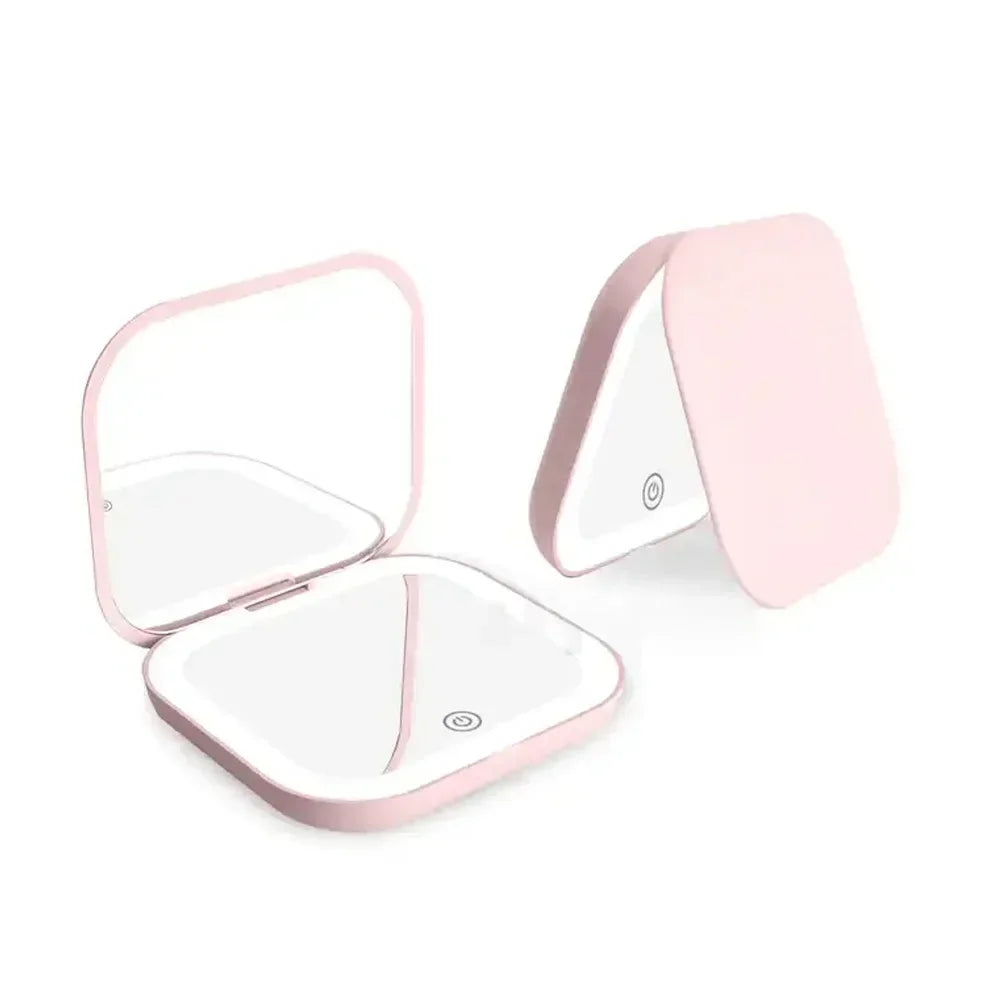 Compact Small Mini Travel Folding Vanity Cosmetic Mirror with Lights Portable HandHeld Pocket LED Makeup Mirror 2X magnifying