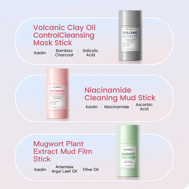 Deep Cleansing Mud Mask Stick Set Volcanic Clay Mugwort Niacinamide Oil-control Deeply Moisturize Skin Care Portable Solid Mask