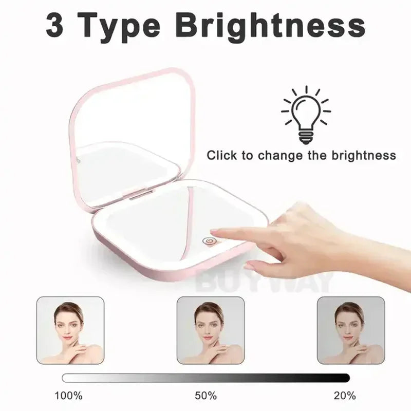 Compact Small Mini Travel Folding Vanity Cosmetic Mirror with Lights Portable HandHeld Pocket LED Makeup Mirror 2X magnifying