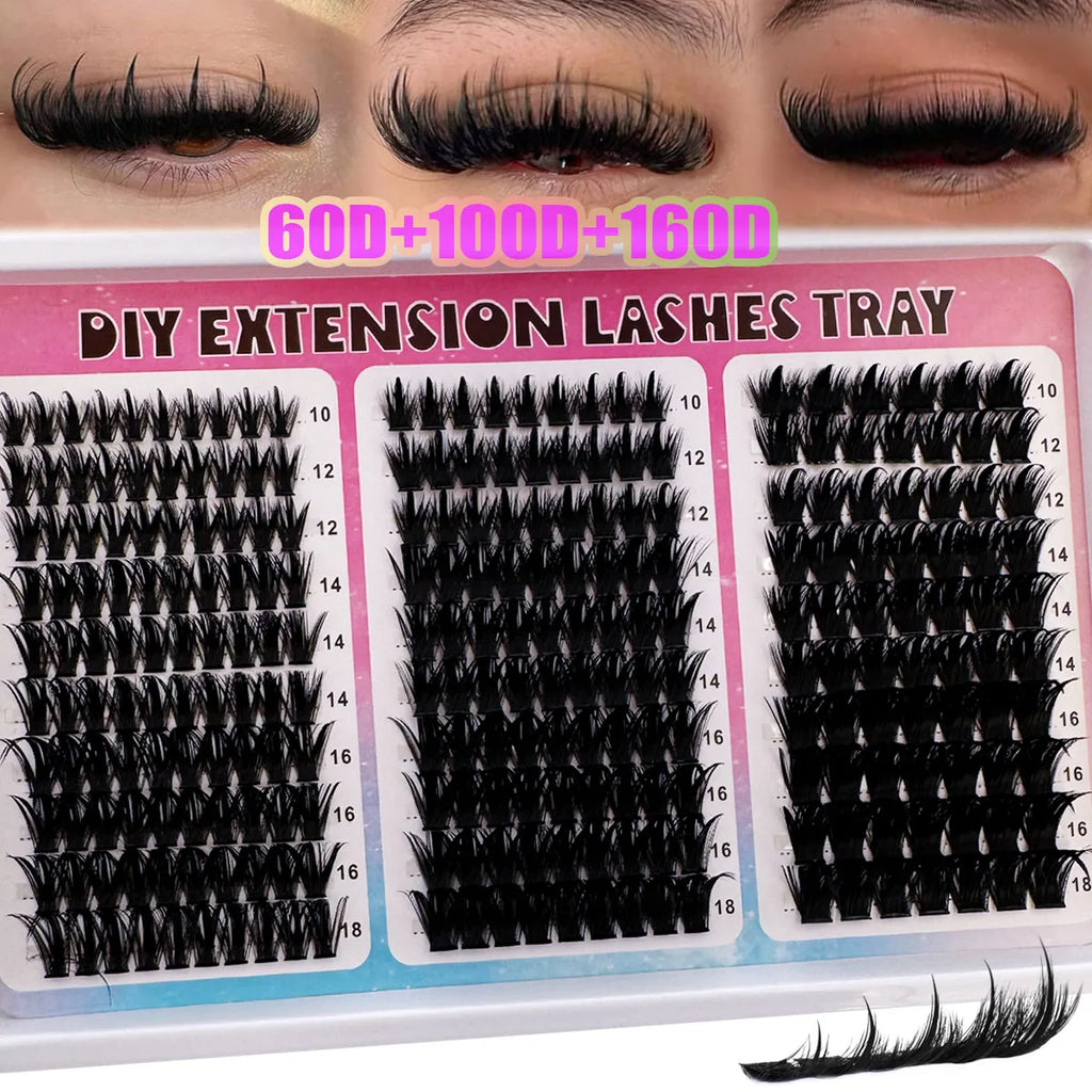 300D-60D Spikes Lash Cluster Eyelash Extensions 180pcs/260pcs Thick Spiky Individuals Lashes 10-18mm Mega Wispy DIY At Home