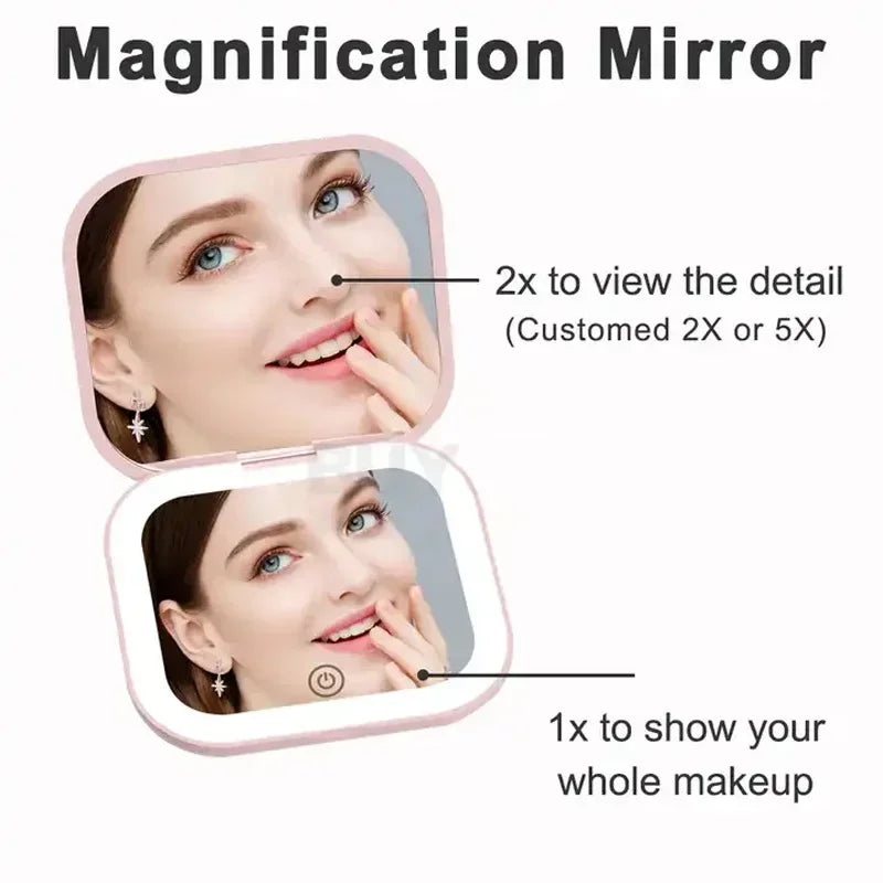 Compact Small Mini Travel Folding Vanity Cosmetic Mirror with Lights Portable HandHeld Pocket LED Makeup Mirror 2X magnifying