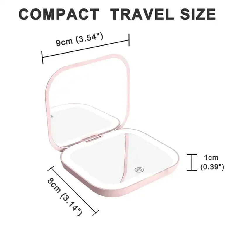 Compact Small Mini Travel Folding Vanity Cosmetic Mirror with Lights Portable HandHeld Pocket LED Makeup Mirror 2X magnifying