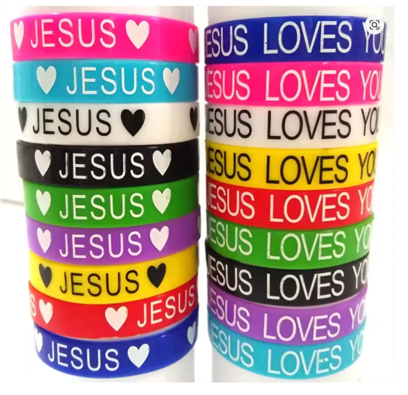 50pcs JESUS silicone Bracelets JESUS LOVES YOU rubber Wristbands Men Women Religious Cuff Jesus Jewelry Wholesale