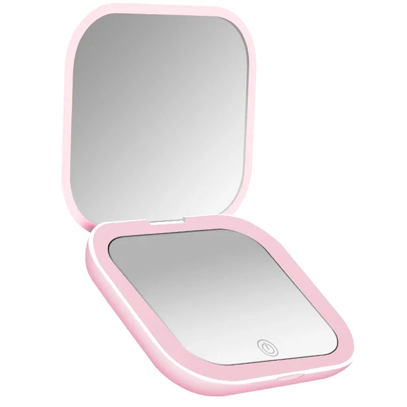 Compact Small Mini Travel Folding Vanity Cosmetic Mirror with Lights Portable HandHeld Pocket LED Makeup Mirror 2X magnifying